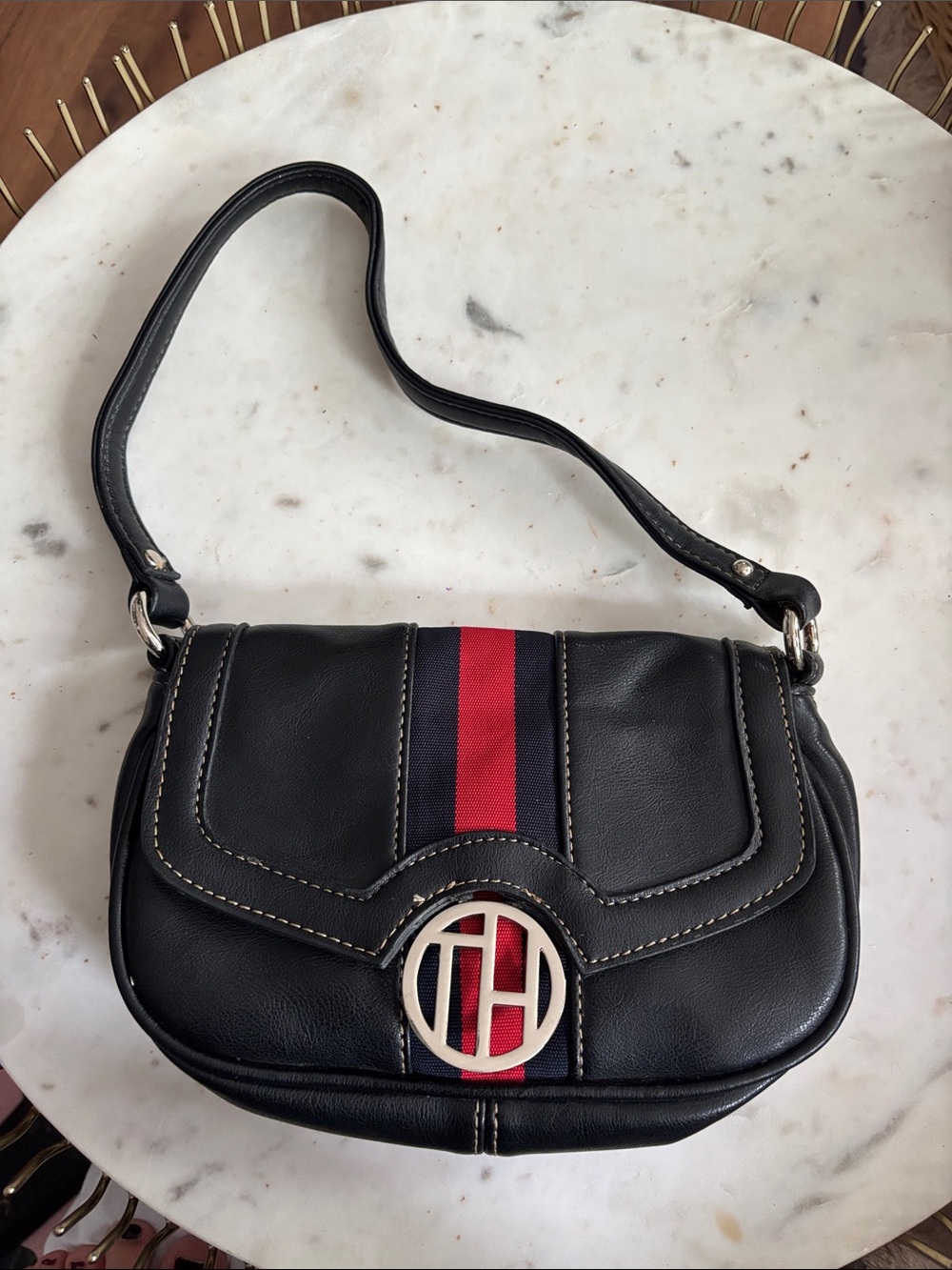 Tommy Hilfiger Black Shoulder Bag with Red and Navy Stripe